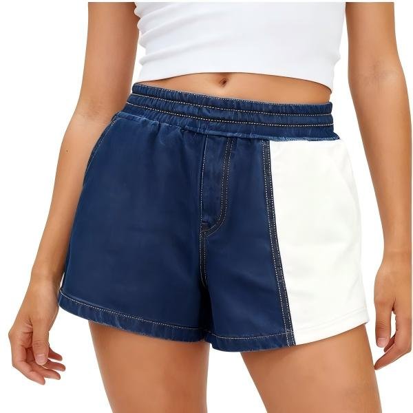 Navy Blue & White Color-Block Shorts with Elastic Waist