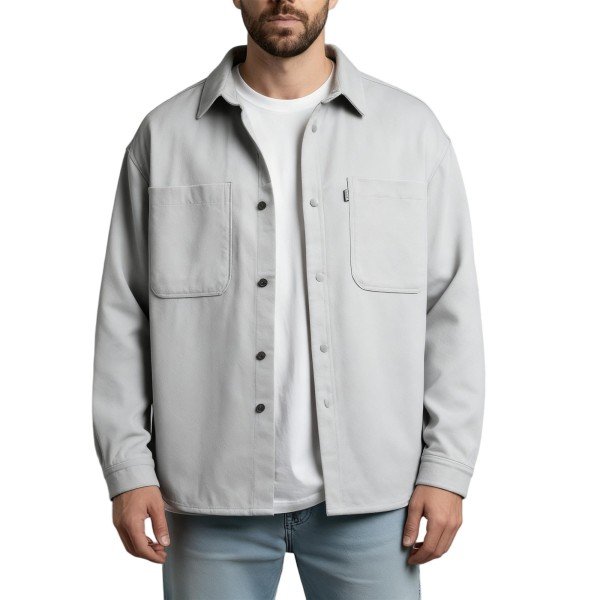 Light Gray Oversized Long-Sleeve Button-Down Shirt with Chest Pockets