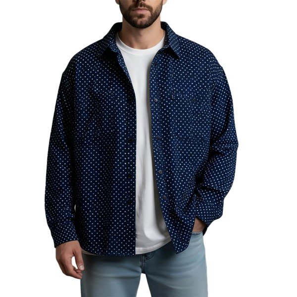 Navy Blue & White Polka Dot Oversized Long-Sleeve Button-Down Shirt