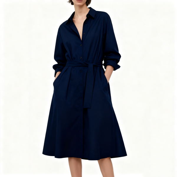 Navy Blue Shirt Midi Dress with Self-Tie Belt