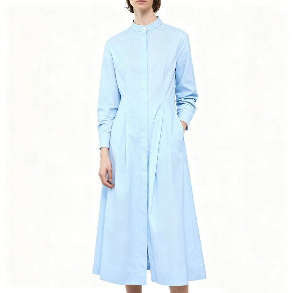 Light Blue Long-Sleeve Shirt Midi Dress